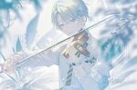  1boy bangs bishounen bow_(music) byuey eyeliner highres instrument long_sleeves looking_at_viewer makeup male_focus music original parted_bangs playing_instrument short_hair solo upper_body violin 