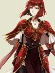  1girl armor breasts dress fire_emblem fire_emblem:_mystery_of_the_emblem gloves headband highres looking_at_viewer minerva_(fire_emblem) red_armor red_eyes red_hair short_hair simple_background solo yori_ilrosso 