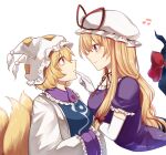  2girls blonde_hair dress elbow_gloves fox_tail from_side gap_(touhou) gloves hands_in_opposite_sleeves hat kitsune koto_(shiberia39) long_hair looking_at_another mob_cap multiple_girls multiple_tails musical_note pillow_hat purple_dress short_hair short_sleeves simple_background solo tabard tail touhou upper_body white_background white_dress white_gloves yakumo_ran yakumo_yukari yellow_eyes 