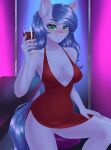  2022 alcohol anthro beverage black_clothing black_dress blue_body blue_hair bottomless breasts cleavage clothed clothing container cup dress drinking_glass earth_pony equid equine fan_character female genitals glass glass_container glass_cup hair hand_on_leg hand_on_thigh hasbro hi_res holding_glass holding_object horse inside looking_at_viewer mammal my_little_pony pony pussy shadow_blue_(cloppermania) smile smiling_at_viewer solo teal_eyes wine wine_glass winnigrette 
