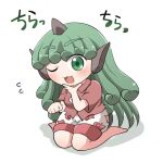  1girl barefoot blush cloud_print collared_shirt curly_hair flying_sweatdrops green_eyes green_hair horns kariyushi_shirt komano_aunn long_hair one_eye_closed open_mouth red_shirt rokugou_daisuke shirt short_sleeves shorts signature simple_background single_horn smile solo touhou white_background white_shorts 