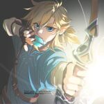  1boy arm_guards arrow_(projectile) blue_eyes blue_tunic bow_(weapon) drawing_bow earrings fingerless_gloves foreshortening gloves glowing_arrow grey_background hair_between_eyes highres holding holding_arrow holding_bow_(weapon) holding_weapon jewelry link long_sleeves low_ponytail male_focus medium_hair nito_minatsuki pointy_ears shirt short_sleeves shoulder_belt solo the_legend_of_zelda the_legend_of_zelda:_breath_of_the_wild thick_eyebrows upper_body weapon white_shirt 