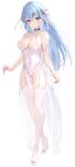  1girl absurdres bare_shoulders blue_hair breasts cleavage collar covered_navel criss-cross_halter elf full_body garter_straps hair_between_eyes hair_ribbon haishiki halterneck highres large_breasts leotard looking_at_viewer non-web_source original pink_eyes pointy_ears revealing_clothes ribbon sidelocks simple_background skin_tight skindentation skirt solo standing thick_thighs thighhighs thighs white_background white_leotard white_skirt white_thighhighs 