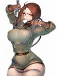  1girl ahoge belt breasts brown_eyes brown_gloves brown_hair curvy fumio_(rsqkr) gloves highres holding holding_weapon large_breasts lips medium_hair military military_uniform parted_lips simple_background the_king_of_fighters thick_thighs thighs uniform weapon whip whip_(kof) whip_sword white_background 