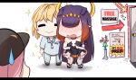  3girls =_= blonde_hair blush chibi closed_eyes derederu embarrassed english_text full-face_blush highres hololive hololive_english implied_yuri index_fingers_together long_hair mori_calliope multiple_girls ninomae_ina&#039;nis purple_hair sign sparkle suggestive_fluid sweatdrop virtual_youtuber watson_amelia 