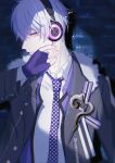  1boy bishounen byuey collared_shirt fingerless_gloves fur gloves headphones highres idolish_7 light_particles light_rays long_sleeves looking_at_viewer male_focus necktie osaka_sougo profile purple_eyes purple_necktie shirt short_hair smile solo uniform white_hair white_shirt 