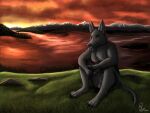  absurd_res anthro black_body black_fur calm canid canine canis digital_media_(artwork) digital_painting_(artwork) dusk facial_piercing fur grass hex hex_(satanic-furry) hi_res jackal labret_piercing lake landscape lip_piercing male mammal mountain nude orange_sky piercing plant relaxing sitting sky solo sunset warmtone yenocwolf 