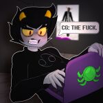  2022 5_fingers absurd_res alien bed computer darkynsfw english_text fingers furniture hi_res homestuck karkat_vantas laptop lying male ms_paint_adventures on_back profanity red_eyes teeth text troll_(homestuck) webcomic yellow_sclera 