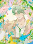  1boy bishounen blurry blush byuey collared_shirt depth_of_field dropping flower green_eyes green_hair green_necktie hair_between_eyes heart highres love_letter male_focus necktie original outstretched_hand shirt solo 