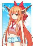  1girl alternate_costume blue_shorts blush bow closed_mouth collarbone cowboy_shot groin hair_bow highres horns ibuki_suika long_hair navel oeyama oni_horns orange_eyes orange_hair red_bow short_shorts shorts sleeveless smile solo touhou 