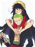  2boys ^_^ ^o^ arms_around_neck black_hair black_shirt closed_eyes coat coat_on_shoulders green_hair grin haramaki hat hat_removed headwear_removed highres hug male_focus monkey_d._luffy multiple_boys one_piece red_shirt roronoa_zoro sandals scar scar_across_eye scar_on_chest scar_on_face sheath sheathed shirt shorts simple_background sitting_on_shoulder smile straw_hat sword weapon yayoi_(yyi_op) 