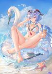  1girl absurdres ahoge air_bubble artist_name atdan bangs bare_legs bare_shoulders barefoot bell bikini blue_hair breasts bubble cloud crossed_ankles day eyewear_on_head feet food full_body ganyu_(genshin_impact) genshin_impact hair_between_eyes halterneck hand_up highres holding holding_food horns ice_cream ice_cream_cone inflatable_toy innertube long_hair looking_at_viewer medium_breasts navel neck_bell one_eye_closed outdoors parted_lips purple_eyes revision sitting slime_(genshin_impact) solo starfish stomach string_bikini sunglasses swimsuit tassel toes very_long_hair water white_bikini 