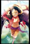  1boy ;d absurdres black_hair coat coat_on_shoulders from_above grin hand_on_headwear hand_up hat highres male_focus monkey_d._luffy one_eye_closed one_piece sash scar scar_on_chest scar_on_face shorts smile solo straw_hat unbuttoned unbuttoned_shirt walking water_drop yayoi_(yyi_op) 