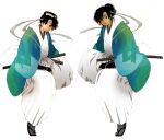  1boy 1girl armor bald bald_girl black_hair facial_mark floating_clothes forehead_mark full_body grey_socks hakama haori haori_himo japanese_armor japanese_clothes kamiya_seizaburou katana kaze_hikaru kimono kote kurokote looking_away okita_souji_(kaze_hikaru) ponytail reverse_trap ribbon sandals sarutub shinsengumi sideways_glance simple_background socks squatting sword symmetrical_pose tabi weapon white_background white_hakama white_kimono 