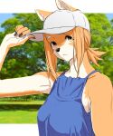  1girl absurdres adjusting_clothes adjusting_headwear animal_ears animal_nose bare_shoulders black_nails blue_shirt blush breasts brown_hair closed_mouth dog_ears dog_girl flying_witch furry furry_female hat highres holding holding_clothes holding_hat inukai_(flying_witch) ishizuka_chihiro large_breasts long_sleeves looking_at_viewer medium_hair official_art outdoors ponytail shirt simple_background sleeveless sleeveless_shirt smile solo tail tree white_headwear yellow_eyes 