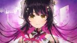  1girl absurdres bangs black_hair closed_mouth highres long_hair multicolored_hair netural penelope_wiseman pink_hair pointy_ears portrait smile solo v&amp;u_entertainment virtual_youtuber yellow_eyes 