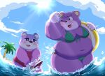  2022 animal_crossing anthro beach belly big_belly breasts clothing cloud detailed_background duo female hi_res judy_(animal_crossing) kusosensei mammal megan_(animal_crossing) navel nintendo one_eye_closed outside overweight palm_tree pink_body plant seaside sun swimwear tree ursid video_games water 