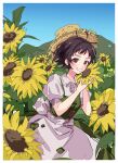  1girl absurdres ahoge blush brown_eyes brown_hair day dress flower hat highres holding holding_flower honeyworks kokuhaku_jikkou_iinkai kuailemaoamaomao^o^ looking_at_viewer messy_hair outdoors smile solo standing straw_hat sun_hat sunflower suzumi_hiyori white_dress 