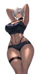  1girl abs absurdres armpits arms_behind_head arms_up black_bra black_panties bra breasts brown_eyes choker chong_(547342983) dark-skinned_female dark_skin ear_piercing hair_over_one_eye highres large_breasts mole mole_under_eye muscular muscular_female navel original panties pants parted_lips piercing shirt short_shorts shorts standing stomach tank_top thigh_strap thighs underwear white_background white_hair 