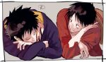  2boys black_hair blue_hoodie brown_eyes closed_eyes closed_mouth hat hat_removed headwear_removed highres hood hoodie iko_(na7sico) implied_yaoi looking_at_another lying male_focus monkey_d._luffy multiple_boys on_stomach one_piece red_shirt shirt short_hair simple_background sleeping smile trafalgar_law watching zzz 