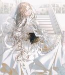  1girl back bangs blonde_hair blue_eyes colored_eyelashes day dress ea_ateu floral_print highres holding holding_clothes house light_rays long_sleeves looking_back original outdoors parted_bangs solo sparkle stairs victorian wavy_hair white_dress white_eyelashes wide_sleeves 