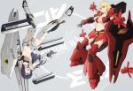  2girls amawashi_aoi armor bangs birdie_wing:_golf_girls&#039;_story black_hair blonde_hair blue_eyes breasts char&#039;s_counterattack cleavage collarbone commentary_request copyright_name creator_connection english_commentary eve_(birdie_wing) fin_funnels finger_gun funnels_(gundam) grey_background gundam hime_cut laofuzi_dai_bansho large_breasts long_hair mecha_musume medium_breasts midriff multiple_girls navel nu_gundam partial_commentary purple_eyes sazabi shield sidelocks straight_hair sunrise_(company) upside-down wavy_hair yuri 