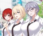  3girls ahoge alternate_breast_size alternate_costume azur_lane bataan_(azur_lane) bellona_(azur_lane) black_necktie blonde_hair blue_eyes blurry blurry_background breasts collared_shirt hair_between_eyes highres jakqbigone large_breasts light_purple_hair looking_at_viewer loose_necktie multiple_girls necktie outdoors partially_unbuttoned purple_eyes red_eyes red_hair school_uniform shirt short_hair short_sleeves tree upper_body weser_(azur_lane) white_shirt 