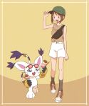  animal_ears baseball_cap blue_eyes brown_eyes brown_hair cat_ears digimon digimon_(creature) digimon_adventure_02 food gdn0522 hat highres ice_cream looking_at_another open_mouth short_hair shorts sunglasses tailmon walking white_shorts yagami_hikari 