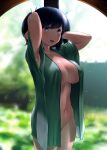  1girl armpits arms_behind_head arms_up bangs bare_arms blue_eyes blue_hair blurry blurry_background breasts cowboy_shot green_robe highres kantai_collection large_breasts naked_robe open_clothes open_mouth open_robe robe short_sleeves short_twintails smile solo souryuu_(kancolle) standing twintails wa_(genryusui) wet 