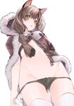  1girl :o animal_ear_fluff arknights bangs black_panties blush brown_hair brown_jacket from_below fur-trimmed_jacket fur_trim highres honeyberry_(arknights) hood hooded_jacket jacket kochiya_(gothope) long_hair looking_at_viewer looking_down multicolored_hair navel open_clothes open_jacket panties panty_pull parted_lips pulled_by_self simple_background skindentation solo stomach streaked_hair thighhighs two-tone_hair underwear undressing unzipped white_background white_hair white_thighhighs yellow_eyes 