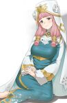  1girl bangs blue_dress blunt_bangs blush breasts commentary cosplay dress english_commentary fire_emblem fire_emblem_fates fire_emblem_heroes grey_eyes gunnthra_(fire_emblem) gunnthra_(fire_emblem)_(cosplay) hair_tubes highres igni_tion large_breasts long_hair mitama_(fire_emblem) own_hands_together simple_background smile solo star-shaped_pupils star_(symbol) symbol-shaped_pupils twintails white_background white_headwear 