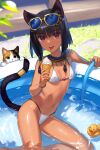  1girl animal_ear_fluff animal_ears bangs bare_shoulders bikini black_hair blunt_bangs bracelet braid breasts cat cat_ears cat_girl cat_tail collarbone dark-skinned_female dark_skin eating egyptian_clothes eyewear_on_head food holding holding_food hose ice_cream jewelry kawakami_rokkaku looking_at_viewer navel open_mouth original outdoors partially_submerged red_eyes rubber_duck short_hair sitting small_breasts smile soft_serve solo sunglasses swimsuit tail tail_ornament tail_ring tongue tongue_out twin_braids usekh_collar wading_pool water wet white_bikini white_swimsuit yokozuwari 