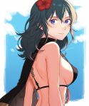  1girl alternate_costume back bangs bikini black_bikini black_cape black_swimsuit blue_hair blue_sky breasts byleth_(fire_emblem) byleth_(fire_emblem)_(female) byleth_(summer)_(fire_emblem)_(female) cape closed_mouth cloud commentary_request fire_emblem fire_emblem:_three_houses fire_emblem_heroes flower from_side hair_between_eyes hair_flower hair_ornament hibiscus highres large_breasts long_hair looking_at_viewer official_alternate_costume peach11_01 purple_eyes red_flower sideboob sky smile solo swimsuit twitter_username upper_body 