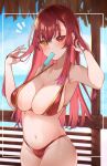  1girl bangs bikini blurry blurry_background blush breasts cleavage cowboy_shot food food_in_mouth groin hair_between_eyes halterneck heterochromia highres hololive houshou_marine large_breasts long_hair looking_at_viewer mouth_hold navel popsicle red_bikini red_eyes red_hair solo standing stomach string_bikini swimsuit uo_illust virtual_youtuber yellow_eyes 