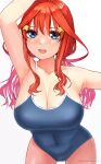  1girl bare_shoulders bent_over blue_eyes blue_swimsuit breasts cleavage collarbone commentary_request covered_navel cowboy_shot go-toubun_no_hanayome hair_between_eyes hair_ornament hair_rings highres irarei_(araisanblog) large_breasts light_blush long_hair looking_at_viewer nakano_itsuki one-piece_swimsuit open_mouth red_hair school_swimsuit sidelocks simple_background smile star_(symbol) star_hair_ornament swimsuit white_background 