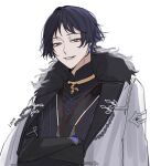  1boy alternate_costume coat coat_on_shoulders earrings fur-trimmed_coat fur_trim genshin_impact grey_coat jewelry liann1009 long_sleeves looking_at_viewer male_focus purple_eyes purple_hair red_eyeliner scaramouche_(genshin_impact) short_hair single_earring smile 