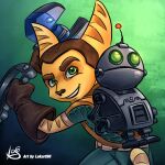  2022 anthro clank_(ratchet_and_clank) clothed clothing duo eyebrows fur gloves green_eyes handwear headgear lombax looking_at_viewer looking_back looking_back_at_viewer lukart96 machine male mammal omniwrench ratchet ratchet_and_clank robot smile smiling_at_viewer sony_corporation sony_interactive_entertainment stripes video_games yellow_body yellow_fur 