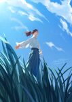  ^_^ artist_name bangs blue_hakama blue_sky closed_eyes cloud dated day field floating_hair from_below from_side grass hakama high_ponytail japanese_clothes kaze_hikaru long_hair long_sleeves male_focus maotai nature okita_souji_(kaze_hikaru) outdoors see-through_silhouette signature sky smile solo standing wide_sleeves wind 