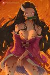  araneesama asian_clothing black_hair breasts cleavage clothed clothing covering covering_self east_asian_clothing female hair hi_res horn horned_humanoid humanoid japanese_clothing kimono nezuko_kamado not_furry object_in_mouth 