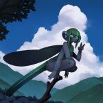  1:1 2022 anthro arthropod branch cloud dragonfly female gesture glowing glowing_eyes green_body green_eyes green_hair green_wings grey_body hair hi_res hill insect kamukamu6392 looking_at_viewer outside plant shaded sitting sky solo tree v_sign wings 