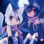  2girls animal_ears backpack bag bangs black_gloves black_hair black_thighhighs breasts brown_eyes closed_mouth commentary dragon elbow_gloves english_commentary feet_out_of_frame fingerless_gloves flat_chest fox_ears fox_girl fox_tail full_moon gloves grey_thighhighs hair_ribbon highres looking_at_viewer moon multiple_girls ninja original red_eyes red_ribbon red_scarf ribbon scarf school_swimsuit short_hair small_breasts smile sneakshy striped_thighhighs swimsuit sword tail thighhighs weapon white_hair 