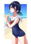  1girl beach blue_dress blue_hair blue_swimsuit casual cloud cloudy_sky covered_navel cowboy_shot cup dark_blue_hair dress drink drinking_straw food fruit hair_between_eyes highres holding holding_cup idolmaster idolmaster_shiny_colors kaiso_(kaisooekaki) looking_at_viewer morino_rinze neckerchief ocean one-piece_swimsuit orange_(fruit) orange_slice outdoors red_eyes red_neckerchief sailor_collar sand sky smile solo swimsuit water white_sailor_collar 