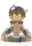  1boy bangs body_markings boots brown_hair cape closed_mouth facial_mark fake_horns full_body gekichuu_youkai hair_between_eyes helmet highres horned_helmet horns indian_style looking_at_viewer made_in_abyss male_focus mechanical_arms navel nipples pants pointy_ears red_cape regu_(made_in_abyss) shoe_soles short_hair sitting solo topless_male white_background yellow_eyes 