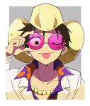  1boy ;p bead_bracelet beads black_hair bracelet glasses hand_on_eyewear hand_up hat hawaiian_shirt highres jewelry long_sleeves male_focus monkey_d._luffy one_eye_closed one_piece one_piece_film_gold shirt shirt_under_shirt simple_background smile solo straw_hat sunglasses tongue tongue_out yayoi_(yyi_op) 