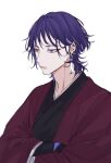  1boy alternate_costume earrings genshin_impact highres japanese_clothes jewelry kimono liann1009 looking_to_the_side male_focus purple_eyes purple_hair red_eyeliner red_kimono scaramouche_(genshin_impact) short_hair simple_background single_earring white_background 