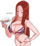  1girl bangs bare_arms bikini body_freckles breasts brown_hair cleavage closed_eyes closed_mouth collarbone cowboy_shot cup english_text forehead freckles hand_on_hip hand_up holding holding_cup large_breasts long_hair navel ohasi original parted_bangs sidelocks simple_background solo swimsuit symbol-only_commentary tea teacup union_jack_bikini white_background 