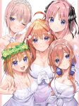  5girls :d ahoge bangs black_ribbon blue_eyes blunt_bangs breasts bridal_veil brown_hair butterfly_hair_ornament cleavage closed_mouth commentary_request dress ekakibito go-toubun_no_hanayome green_ribbon hair_between_eyes hair_ornament hair_ribbon headphones headphones_around_neck highres large_breasts long_hair looking_at_viewer medium_hair multiple_girls nakano_ichika nakano_itsuki nakano_miku nakano_nino nakano_yotsuba one_eye_closed open_mouth orange_hair pink_hair quintuplets red_hair ribbon short_hair siblings sidelocks sisters smile star_(symbol) star_hair_ornament upper_body veil wedding_dress 