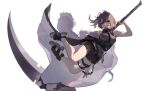  1girl arknights bare_legs bare_shoulders black_footwear black_shorts breasts brown_eyes brown_hair closed_mouth coat coat_removed full_body holding holding_weapon huan_zi_bu_cheng huge_weapon la_pluma_(arknights) looking_at_viewer medium_breasts midair scythe short_hair short_shorts shorts simple_background smile solo thigh_strap underbust weapon white_background white_coat 