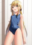  1girl against_door amano_miyako blonde_hair blue_swimsuit breasts cowboy_shot door kantai_collection long_hair looking_at_viewer satsuki_(kancolle) school_swimsuit small_breasts solo standing swimsuit twintails yellow_eyes 