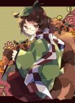  1girl :3 animal_ears bangs brown_eyes brown_hair checkered_clothes checkered_scarf commentary floral_background full_body futatsuiwa_mamizou glasses green_kimono hakama highres japanese_clothes kimono leaf leaf_on_head long_sleeves looking_at_viewer medium_hair nikorashi-ka no_hat no_headwear official_alternate_costume one-hour_drawing_challenge raccoon_ears raccoon_tail red_hakama red_scarf scarf semi-rimless_eyewear sitting solo tail tanuki touhou two-tone_scarf white_scarf wide_sleeves 